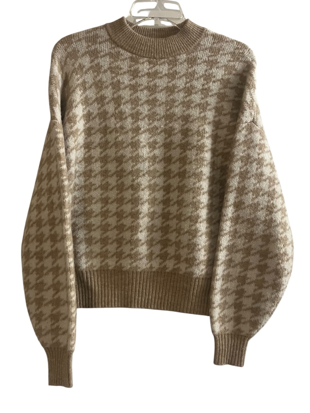 H&M WOOL Blend Houndstooth Mock Neck Sweater Beige Cream US S